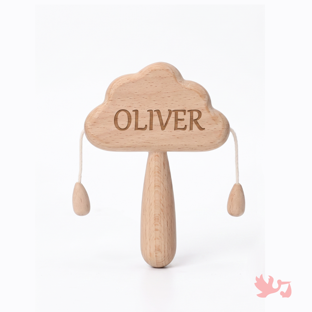 Personalized Cloud Wooden Baby Rattle – Name Sensory Toy