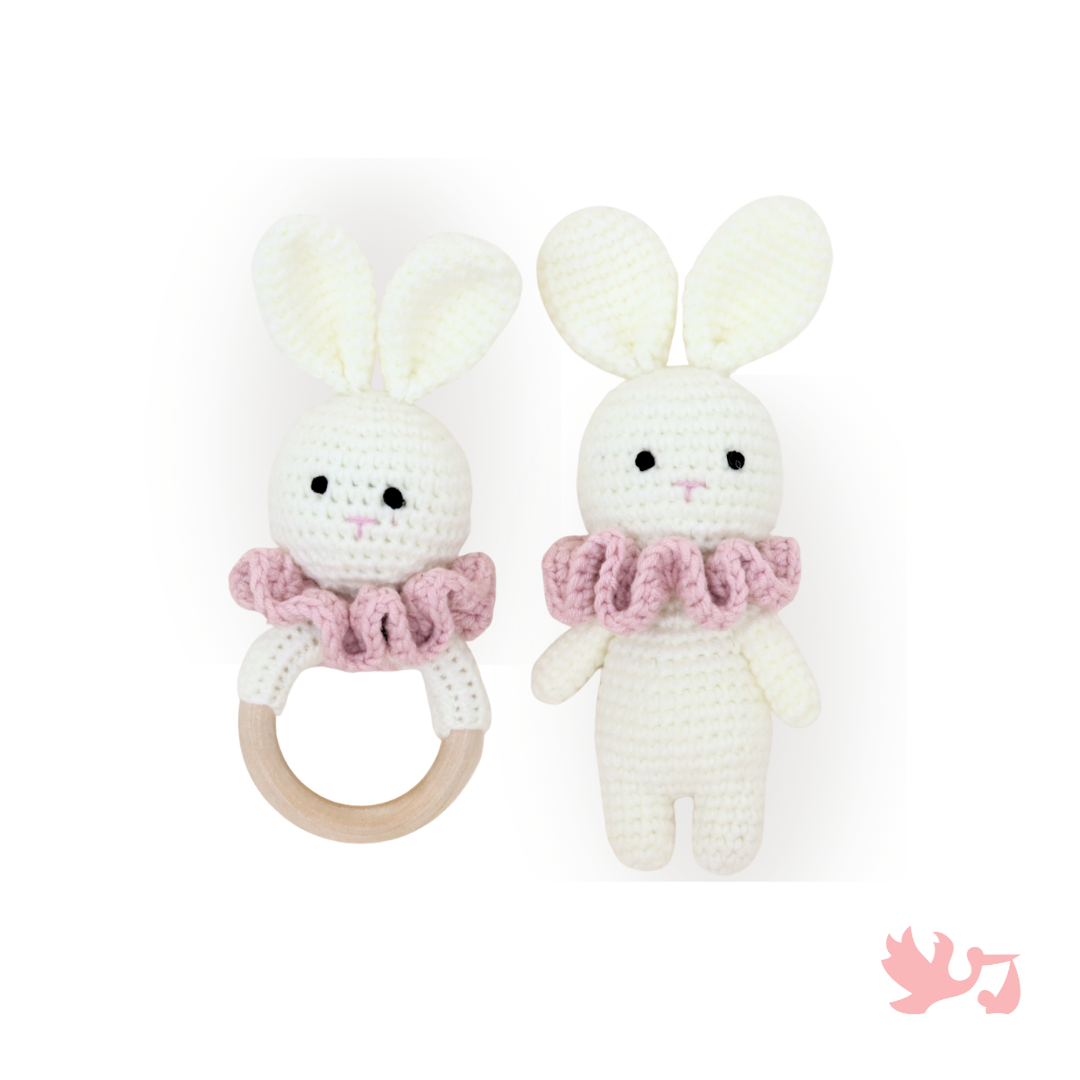 Crochet Bunny Toy & Silicone Teething Ring Set – 2-Piece