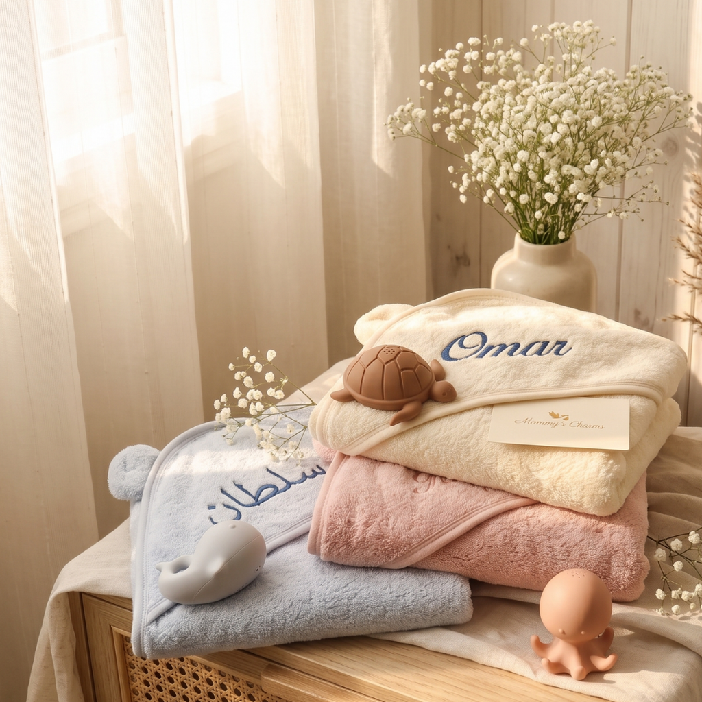 Personalized Baby Towel, Bath Toy & Hair Brush Set – Soft Bath Gift - baby bath gift set by Mommy's Charms
