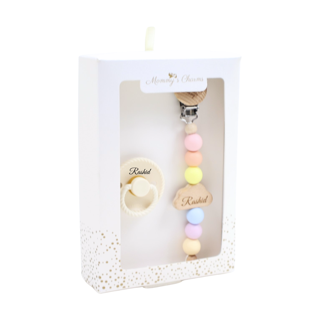 Personalized Pacifier Clip & FRIGG Set – Cloudy Dreams