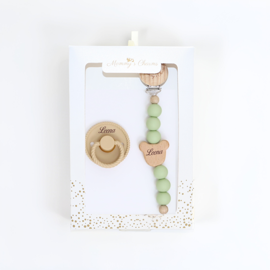 Personalized Pacifier Clip & FRIGG Set – Teddy Bear